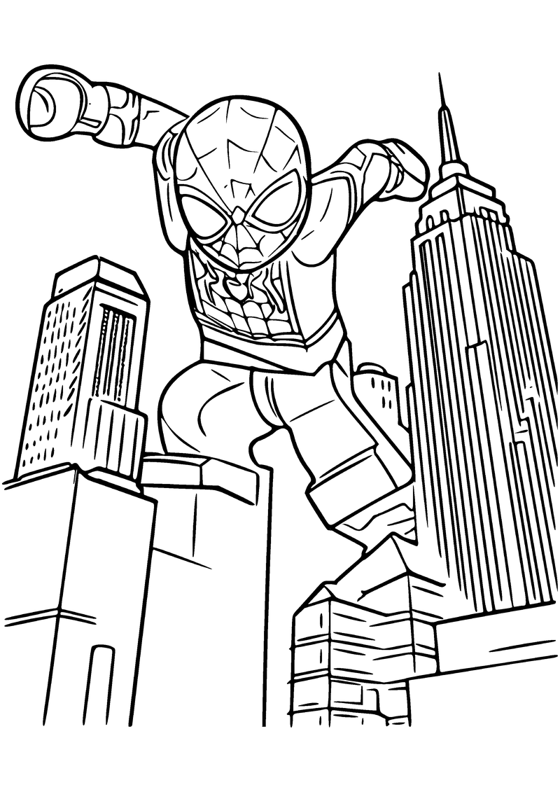 Kleurplaat van LEGO Spider-Man die tussen wolkenkrabbers springt, met een hoge torenspits op de achtergrond