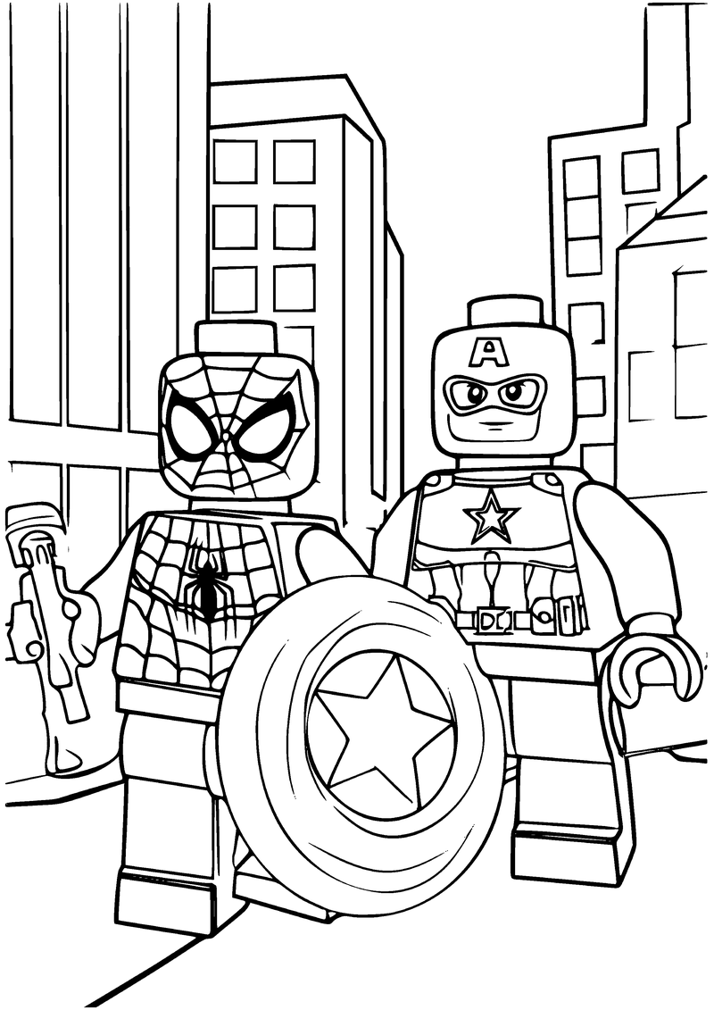 Kleurplaat van LEGO Spider-Man met het schild van Captain America, naast LEGO Captain America in een straat