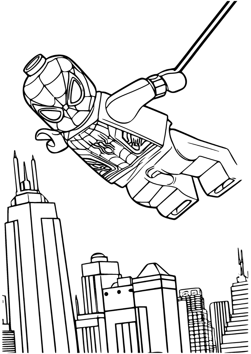 Kleurplaat van LEGO Spider-Man die aan een draad spinrag boven de wolkenkrabbers van de stad slingert