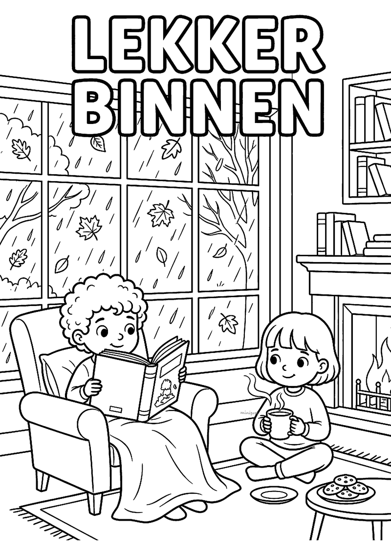 Kleurplaat van twee kinderen binnen bij de open haard, één leest een boek in een stoel, de ander drinkt uit een beker