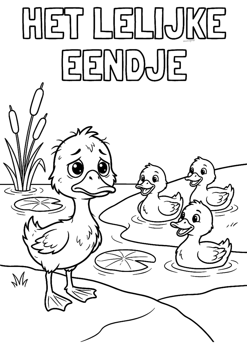 Kleurplaat van het lelijke eendje dat verdrietig aan de kant staat terwijl drie eendjes vrolijk zwemmen