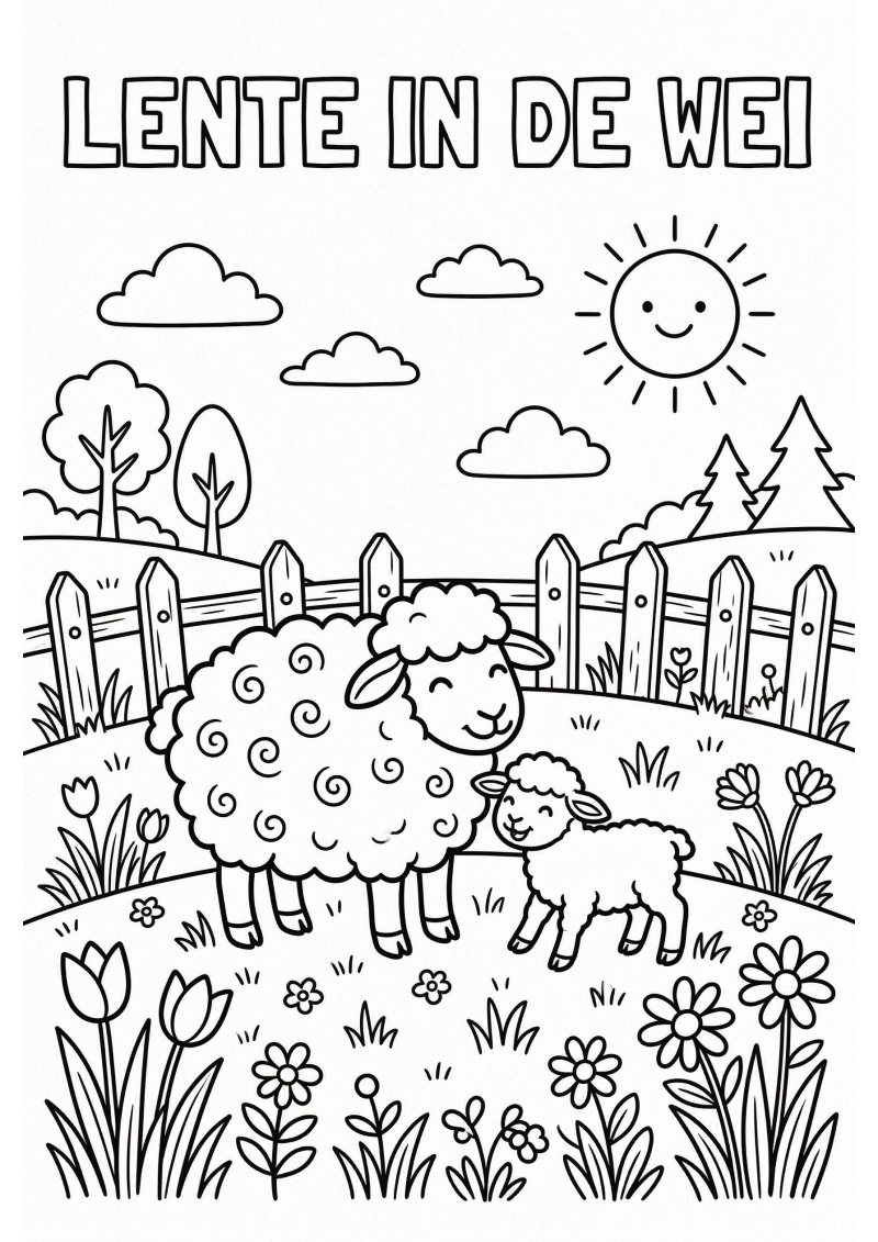 Lente in de Wei Kleurplaat — gratis kleurplaat