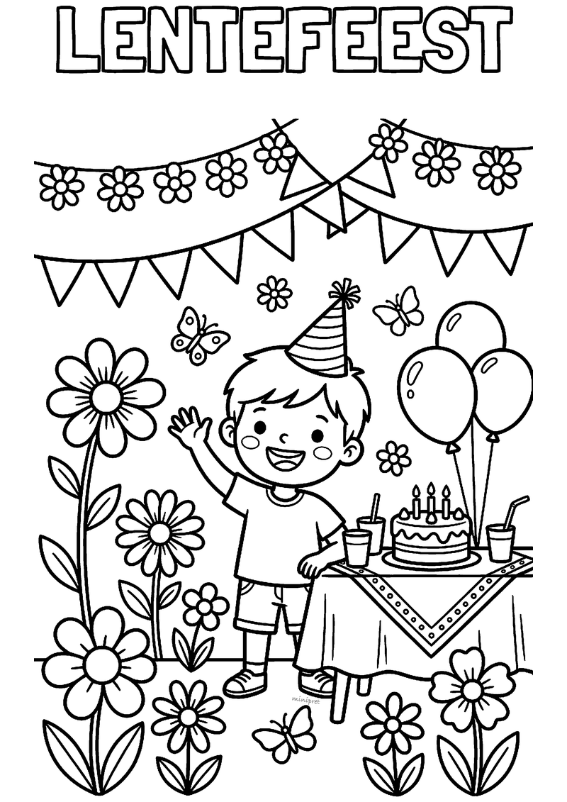 Kleurplaat van een jongen met feestmuts bij een taart, ballonnen en bloemenslingers voor het lentefeest
