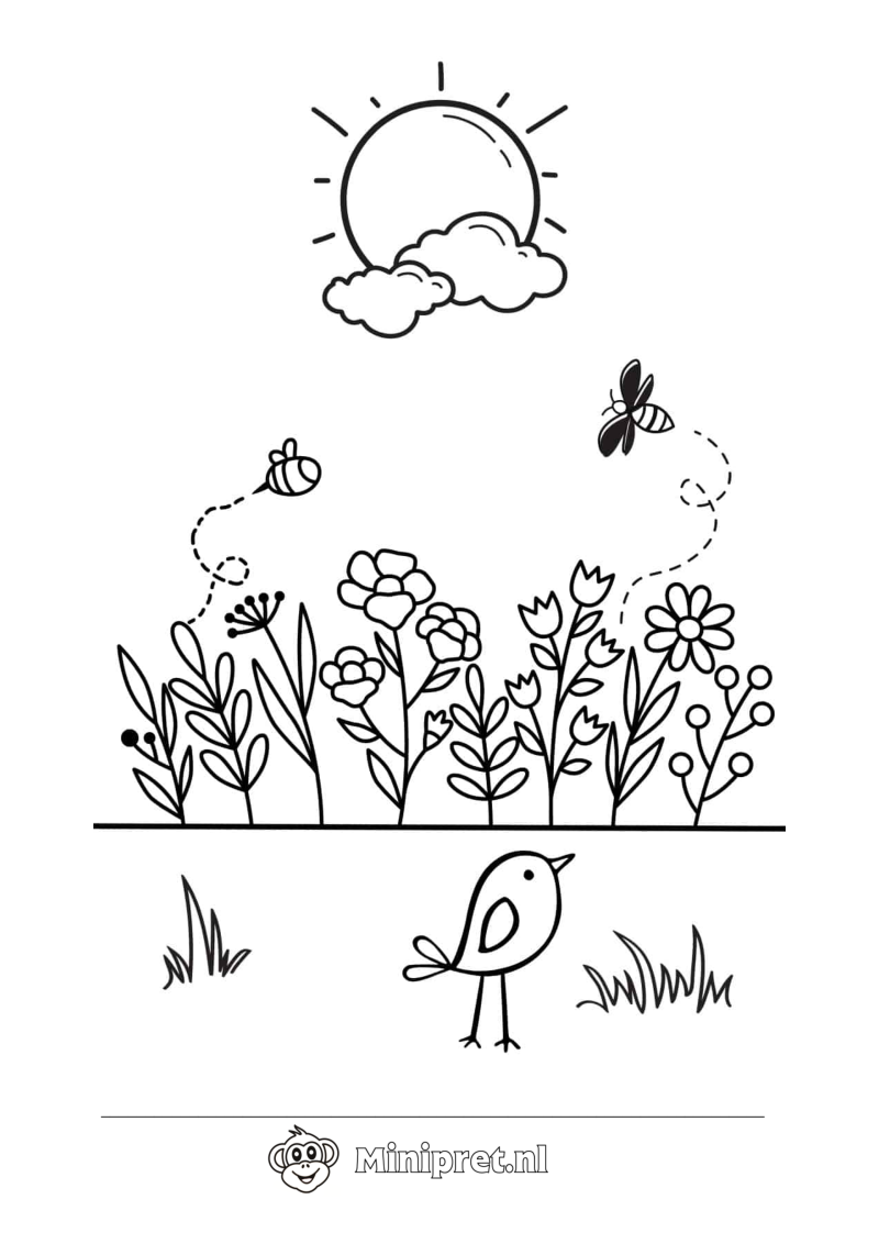 Lentelandschap met Bijen kleurplaat — gratis kleurplaat