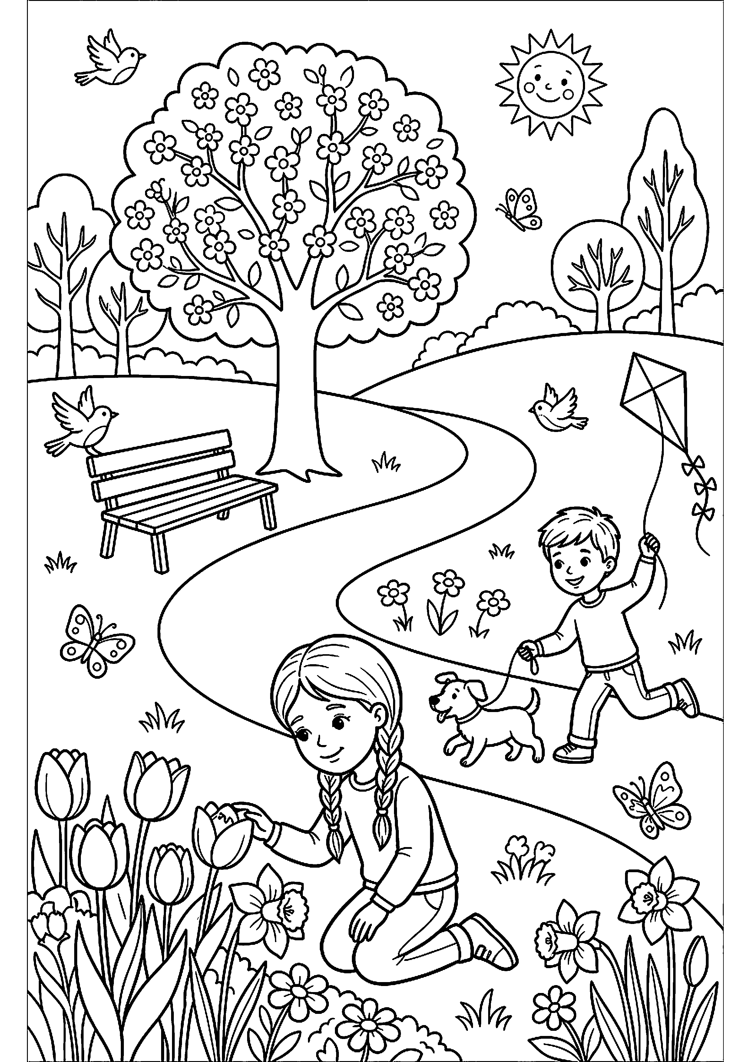 Lentepark met kinderen en bloemen kleurplaat — gratis kleurplaat