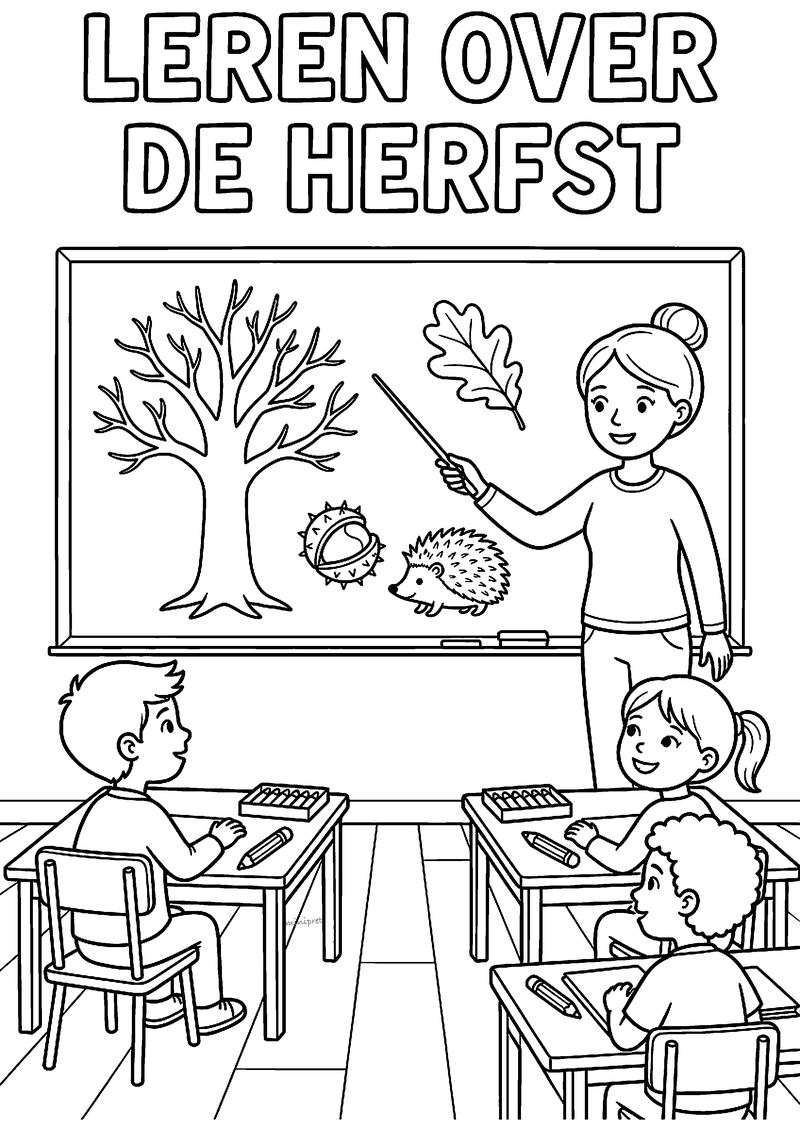 Kleurplaat van een juf die bij het krijtbord een boom, eikenblad, kastanje en egel aanwijst voor drie leerlingen