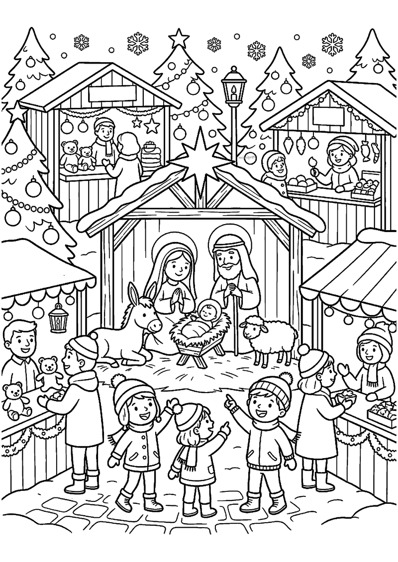 Kleurplaat van levende kerststal op een markt met Maria, Jozef en kindje Jezus, ezel en schaap, omringd door kinderen.