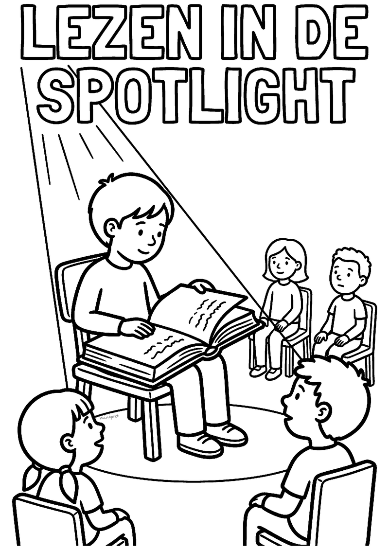 Kleurplaat van een jongen die in een lichtbundel voorleest uit een groot boek aan vier luisterende kinderen