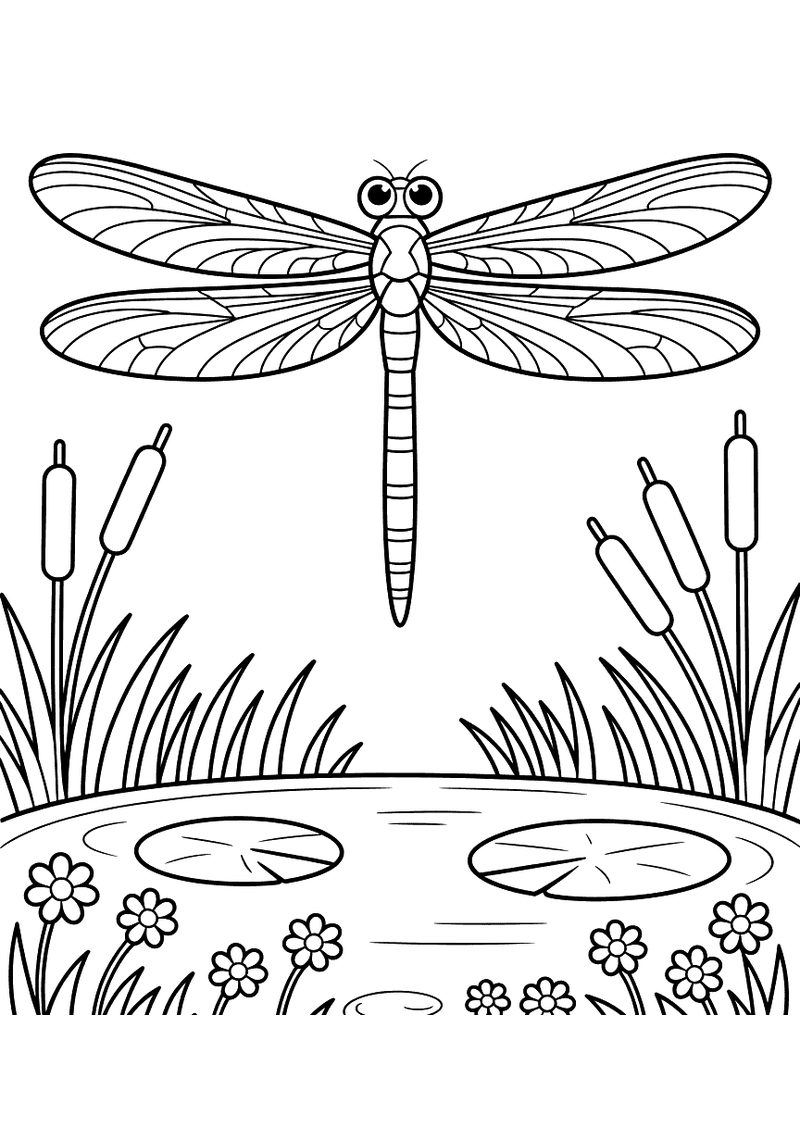 Kleurplaat van een libel met gespreide vleugels die zweeft boven een vijver met waterlelies, lisdodden en kleine bloemen