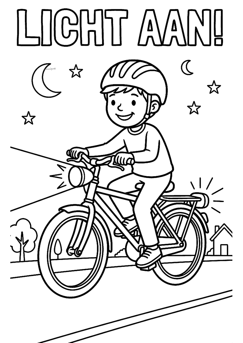 Kleurplaat van een jongen met helm die in het donker fietst met brandend voorlicht en achterlicht