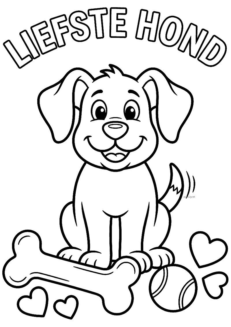Kleurplaat met de tekst Liefste hond: een zittende puppy met hangoren, een groot bot, een tennisbal en hartjes
