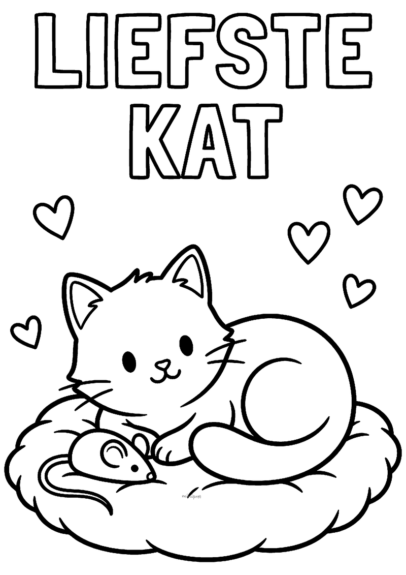 Kleurplaat met de tekst Liefste kat: een kat ligt op een zacht kussen met een speelgoedmuis, omringd door hartjes
