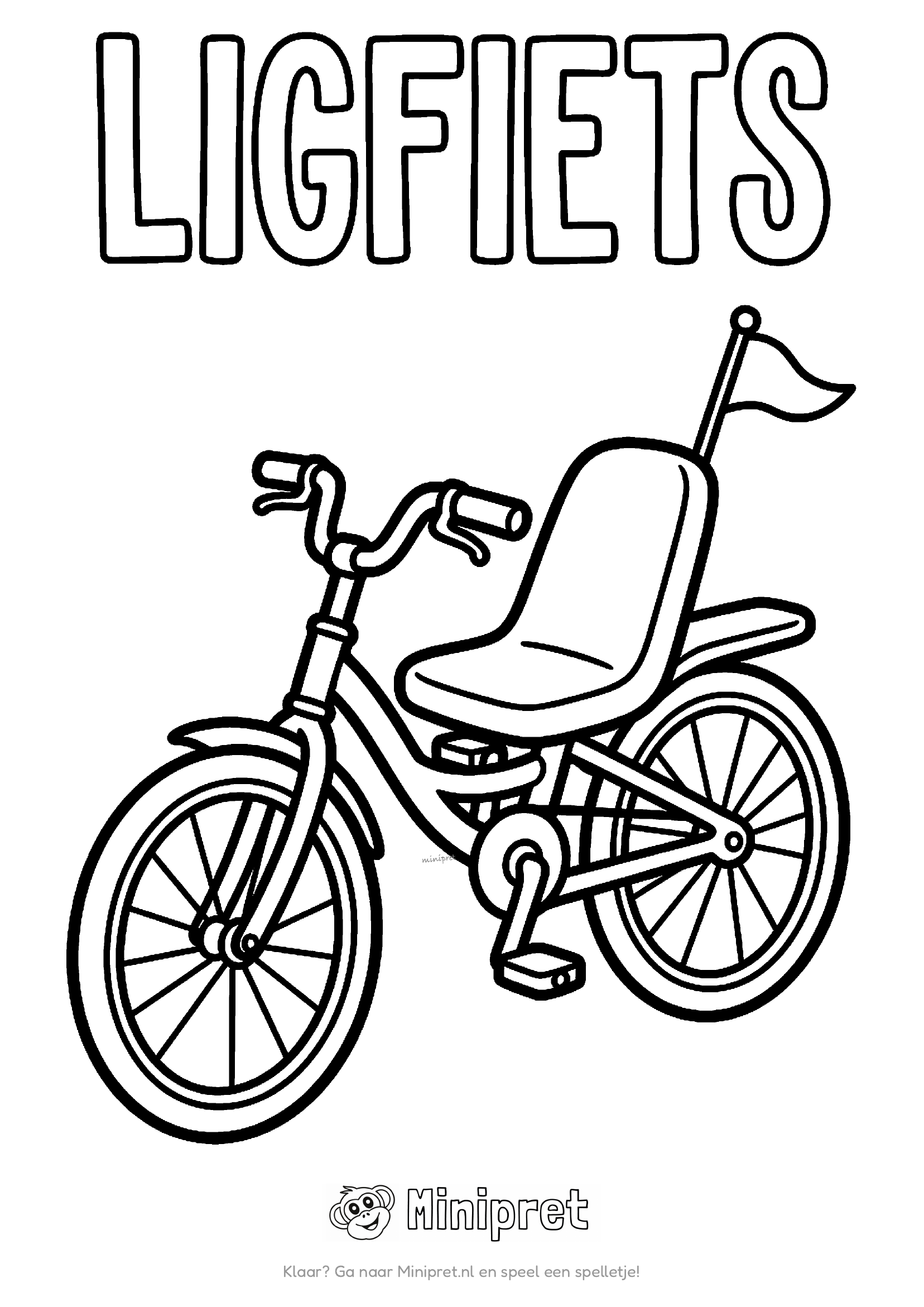 Ligfiets met grote rugleuning-stoel en vlaggetje achterop, met het woord LIGFIETS in dikke letters erboven
