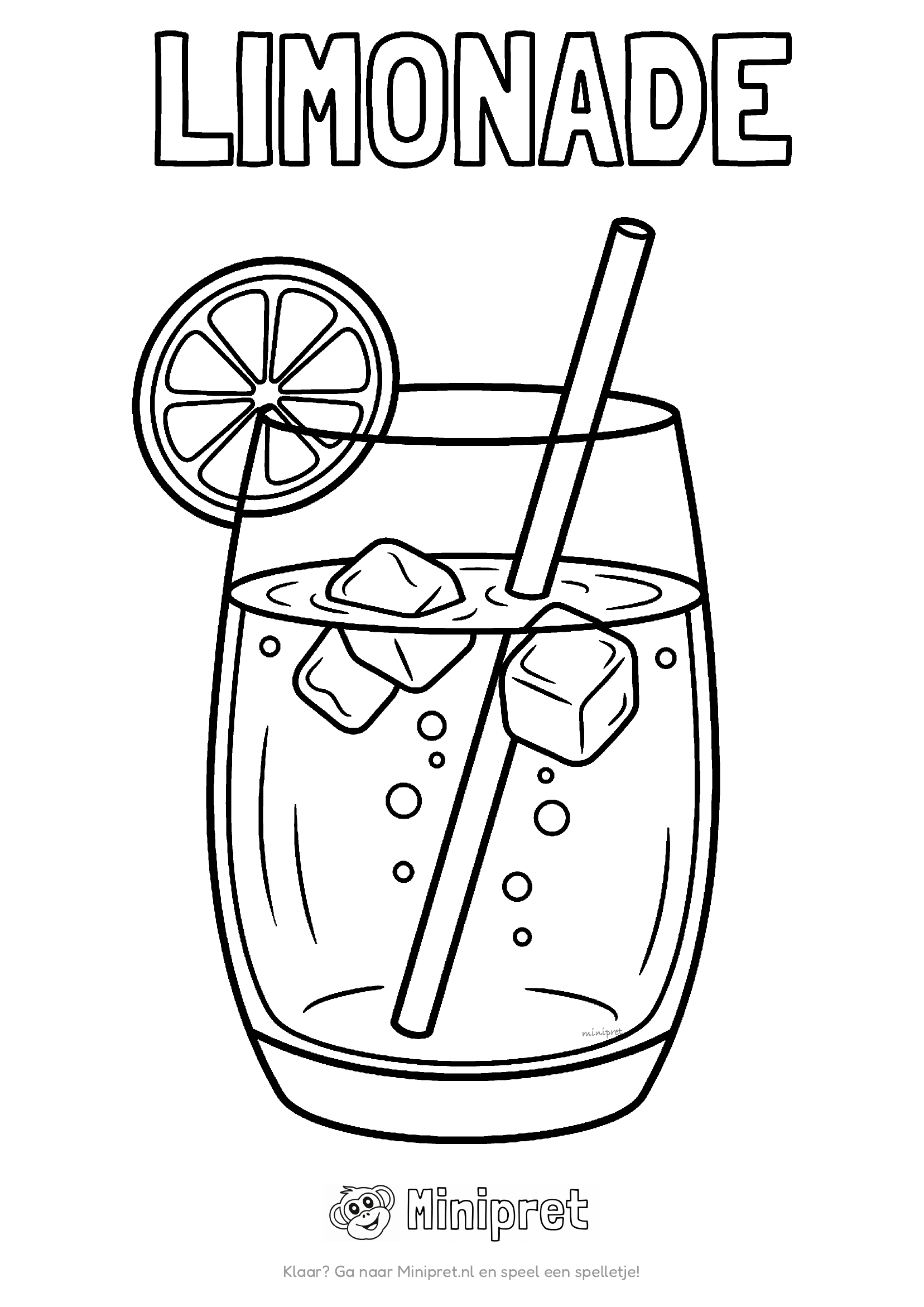 Limonade als kleurplaat: glas limonade met ijsblokjes, citroenschijfje en rietje