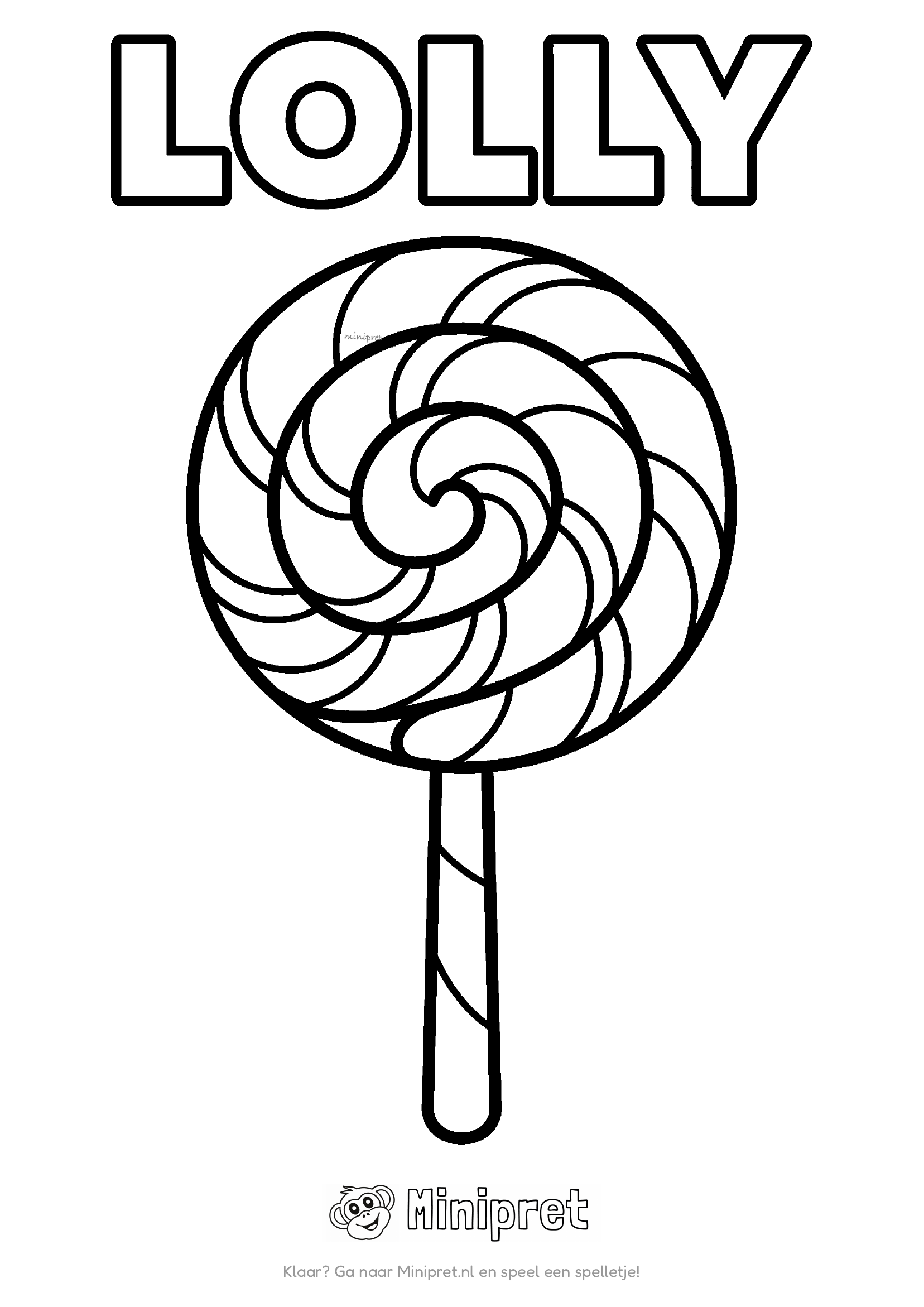 Lolly als kleurplaat: ronde lolly met spiraal-patroon op een stokje