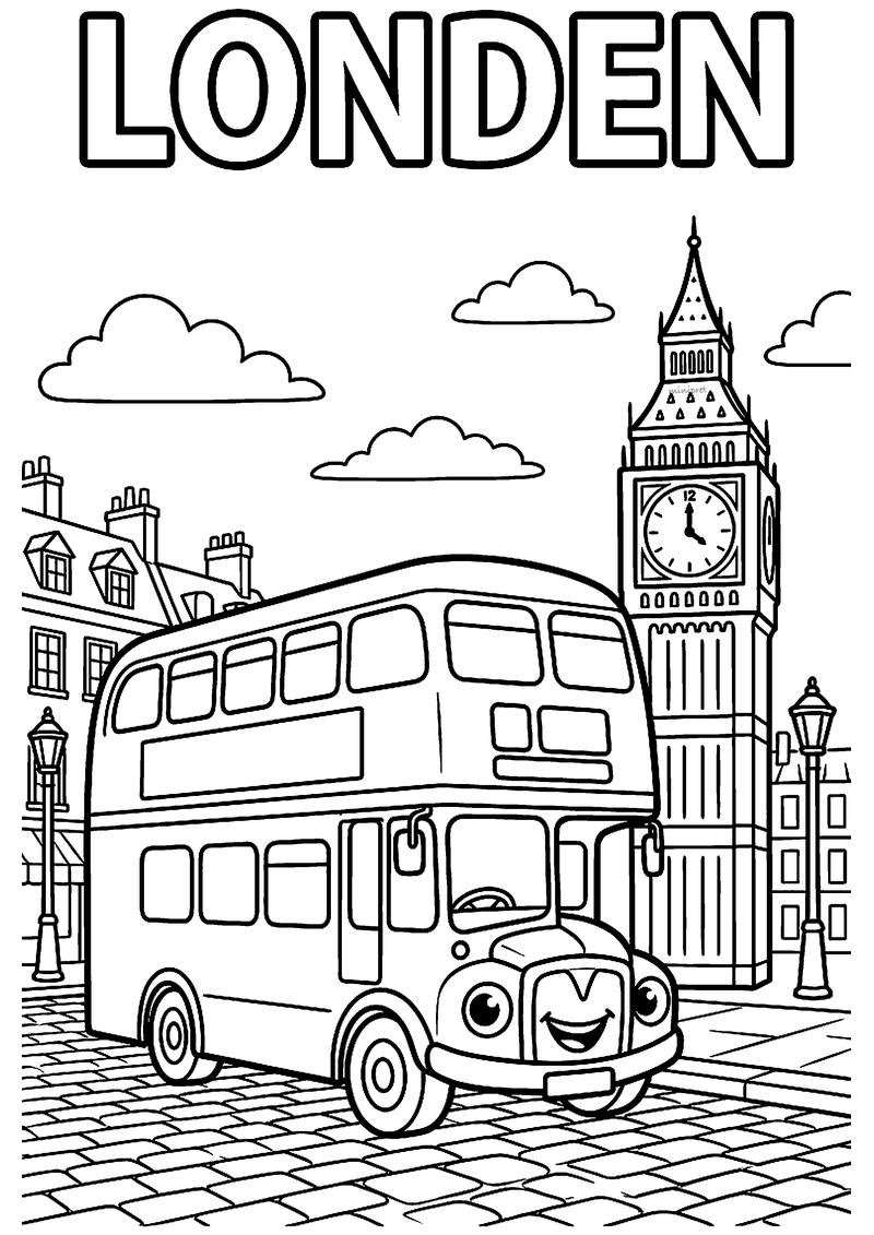 Kleurplaat van een dubbeldekker bus met lachend gezicht op een straat in Londen, met de Big Ben en lantaarns