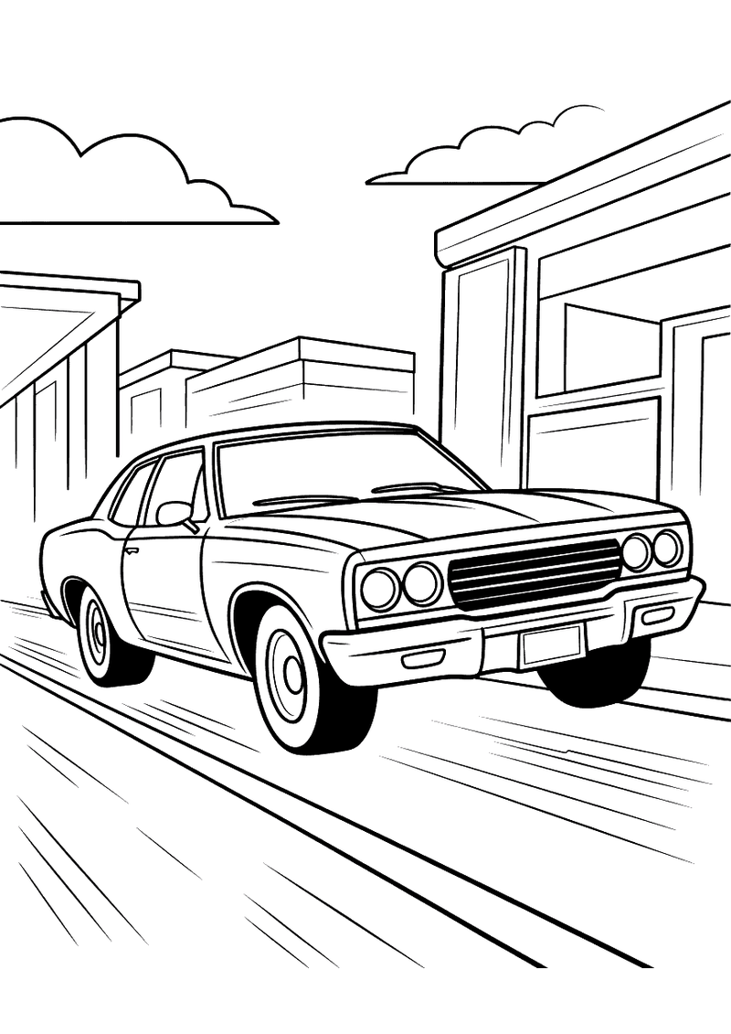 Kleurplaat van een brede lowrider met lage carrosserie die over een stadsstraat langs flats en gebouwen rijdt
