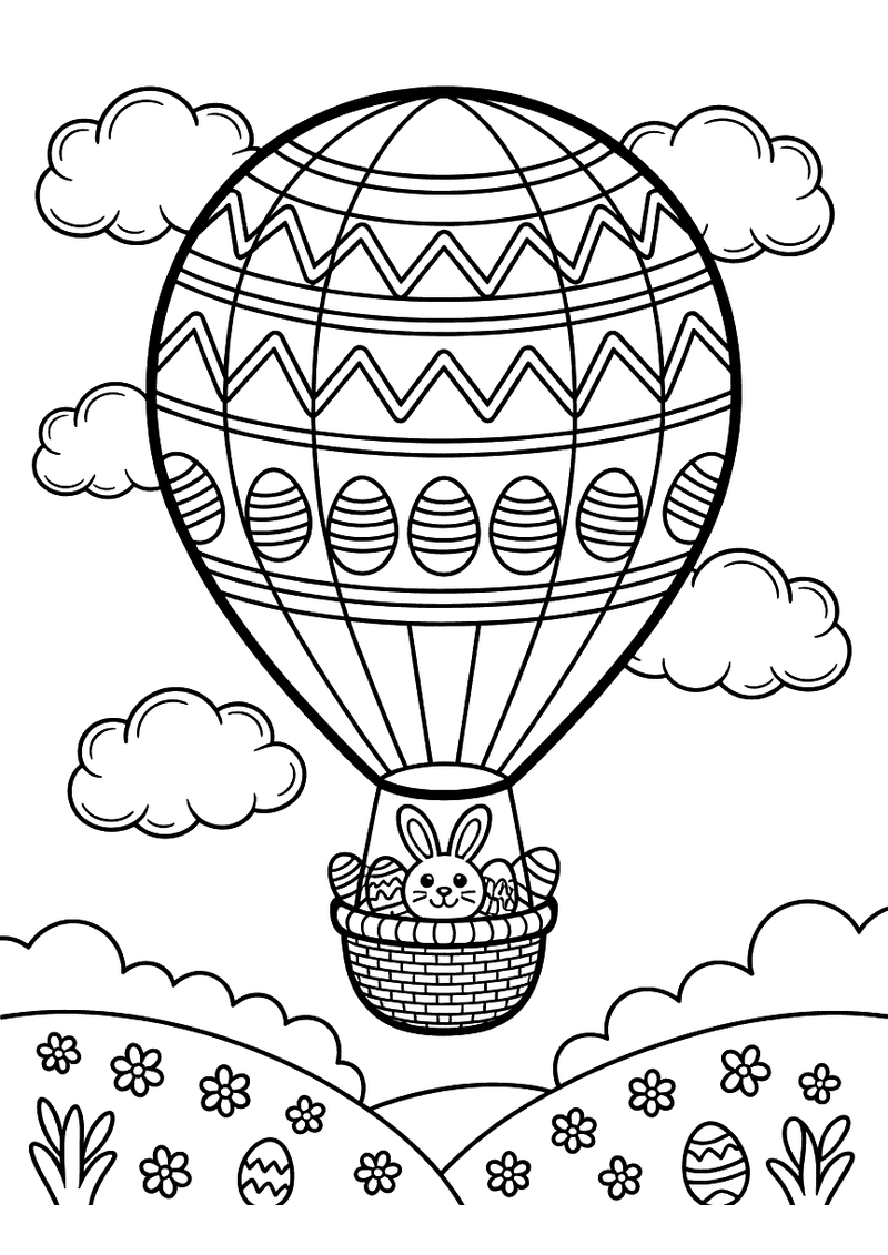 Kleurplaat van een luchtballon in de vorm van een versierd paasei met een konijn in het mandje dat over een bloemenveld 