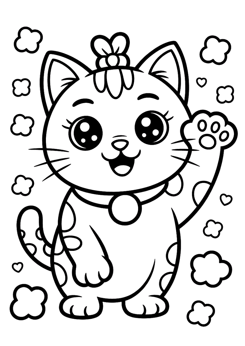 Kleurplaat van een kawaii lucky kat met strikje en belletje die de poot omhoog zwaait.