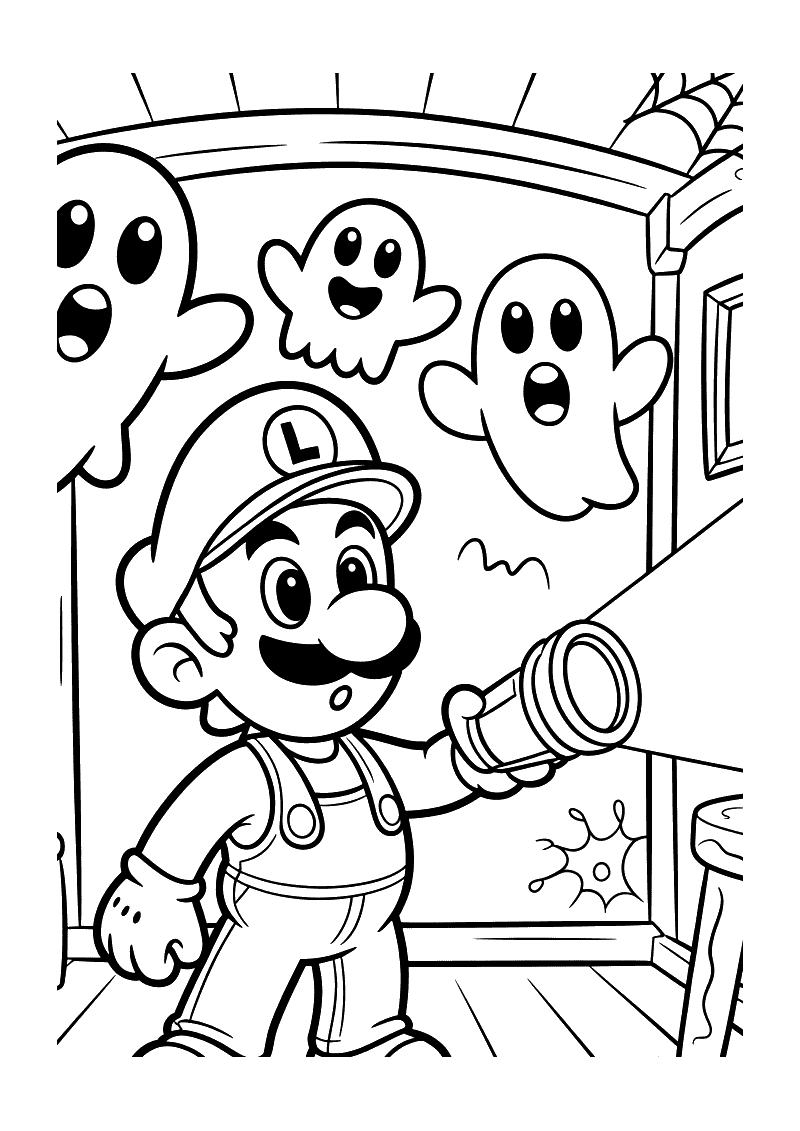Luigi verkent het spookhuis kleurplaat — gratis kleurplaat printen