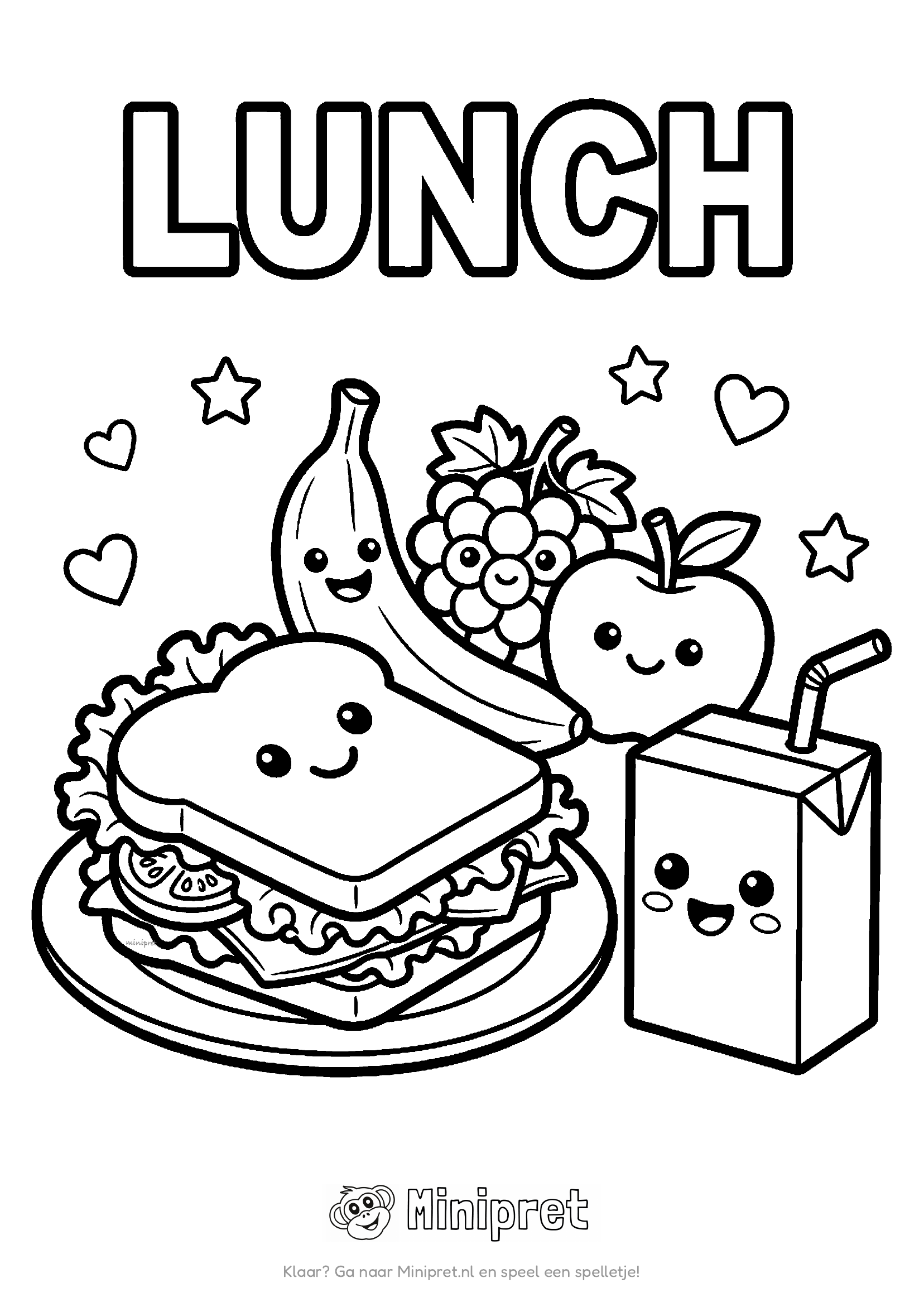 Lunch als kleurplaat: lunchbord met boterham, fruit en een drankje