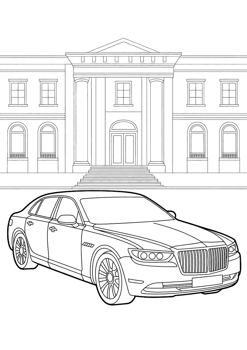 Lange luxe limousine met hoog dak staat geparkeerd voor groot hotel met zuilen en stenen trap