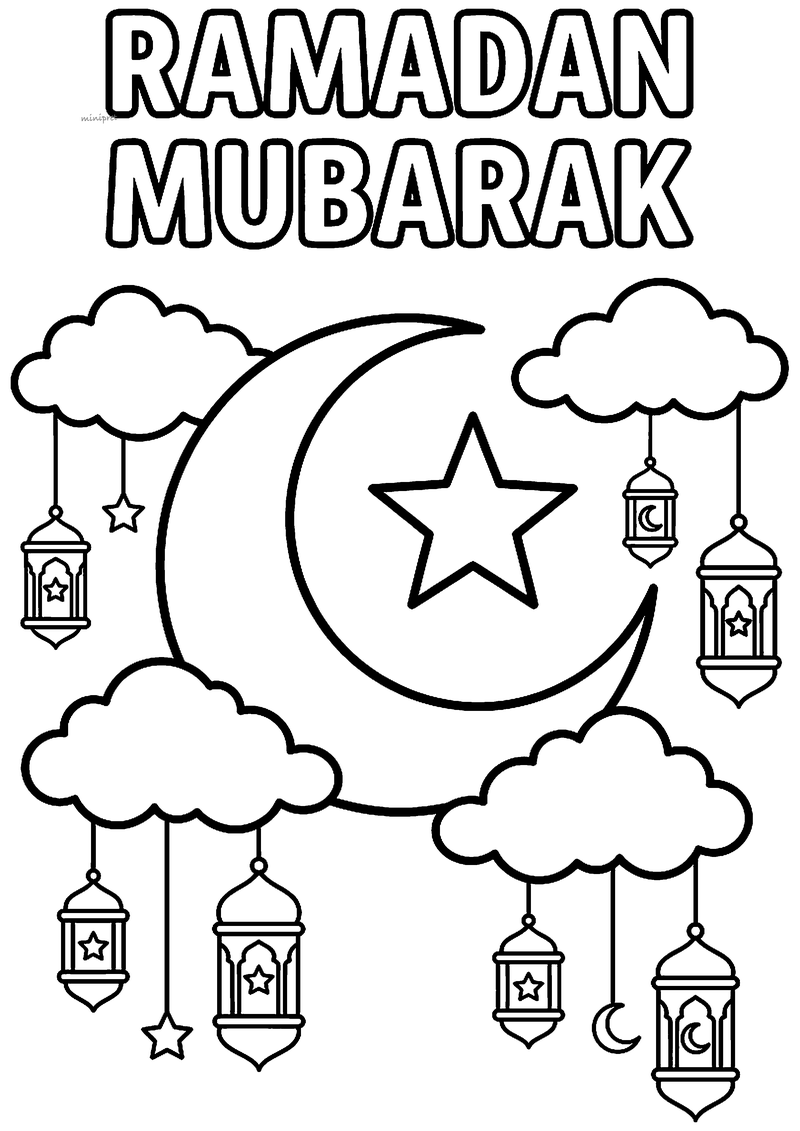 Kleurplaat van een grote wassende maan met ster, wolken en hangende lantaarns met de tekst Ramadan Mubarak