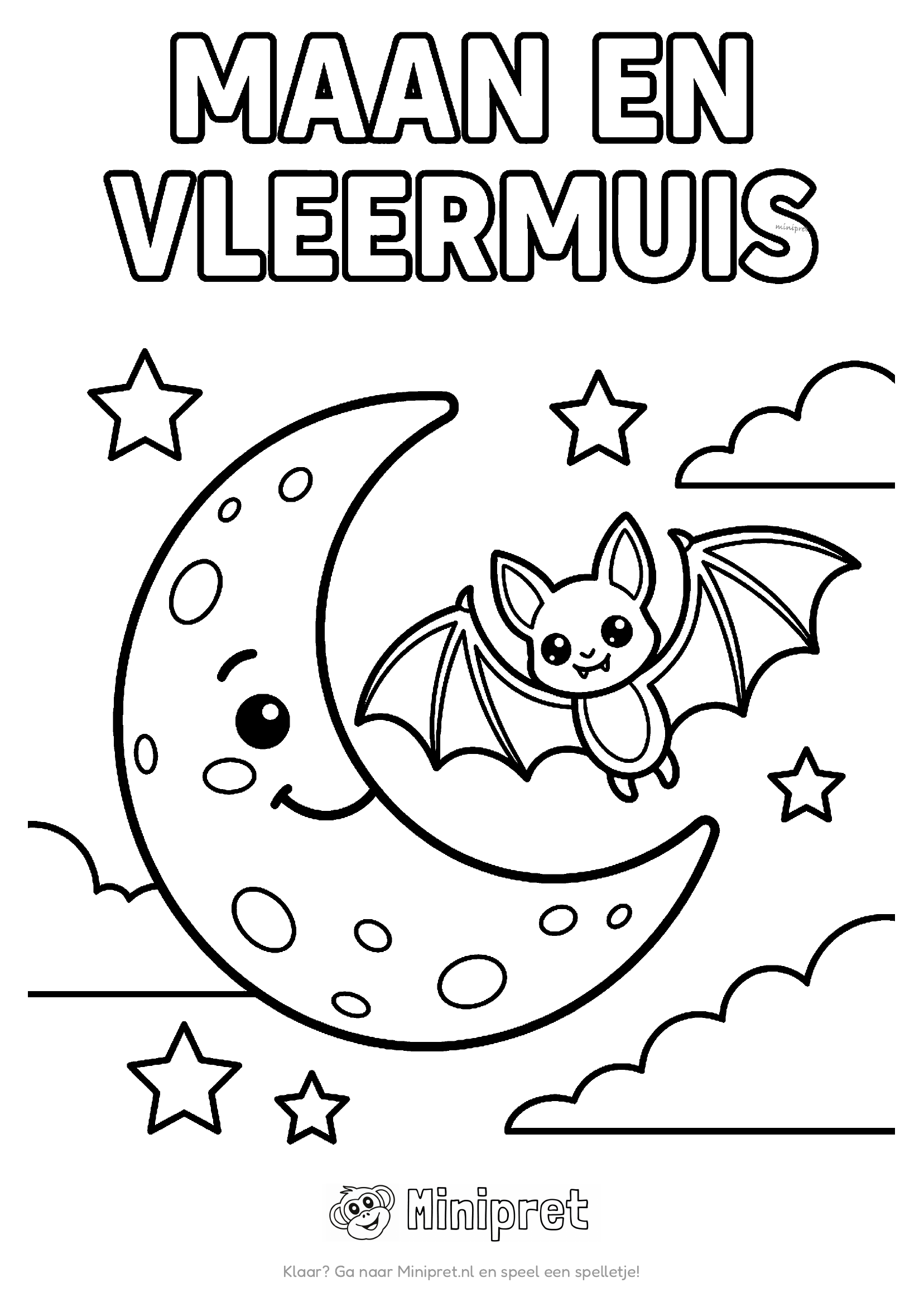 Maan en vleermuis kleurplaat — volle maan met silhouetten van vleermuizen ervoor in een paarse nachthemel