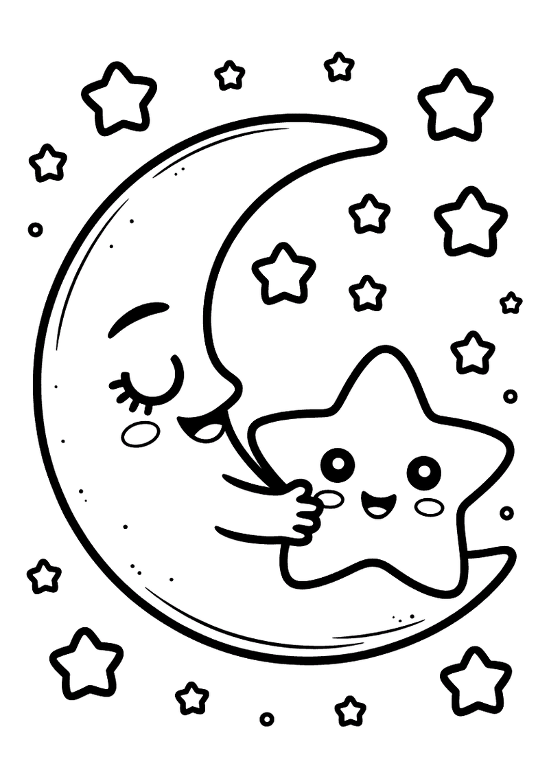 Kleurplaat van een kawaii halve maan met gesloten ogen die een lachende ster vasthoudt tussen kleine sterren en stipjes.