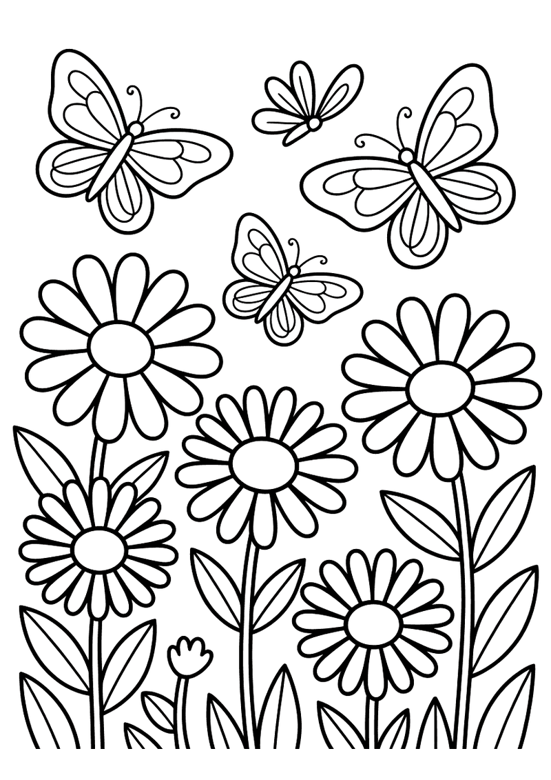 Kleurplaat van een rij grote madeliefjes met drie vlinders die over de bloemen heen fladderen