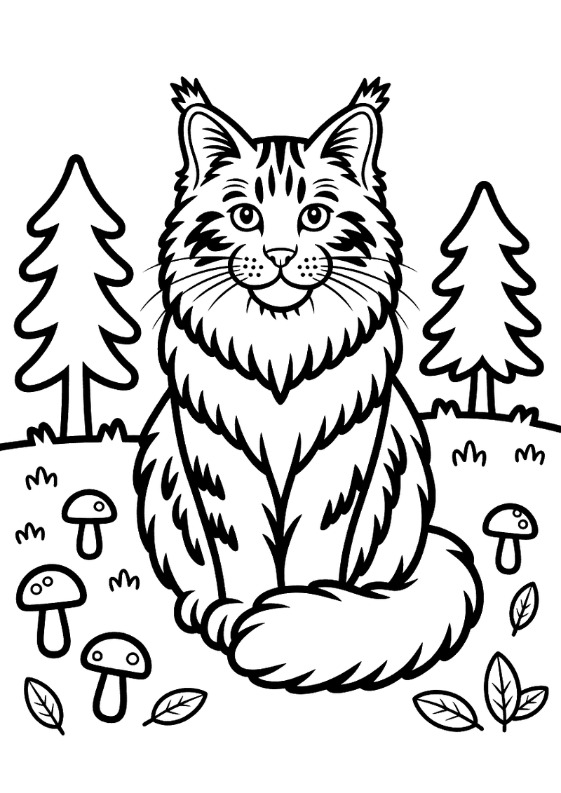 Kleurplaat van een grote Maine Coon met lange vacht en pluimstaart in een bos met dennen en paddenstoelen.