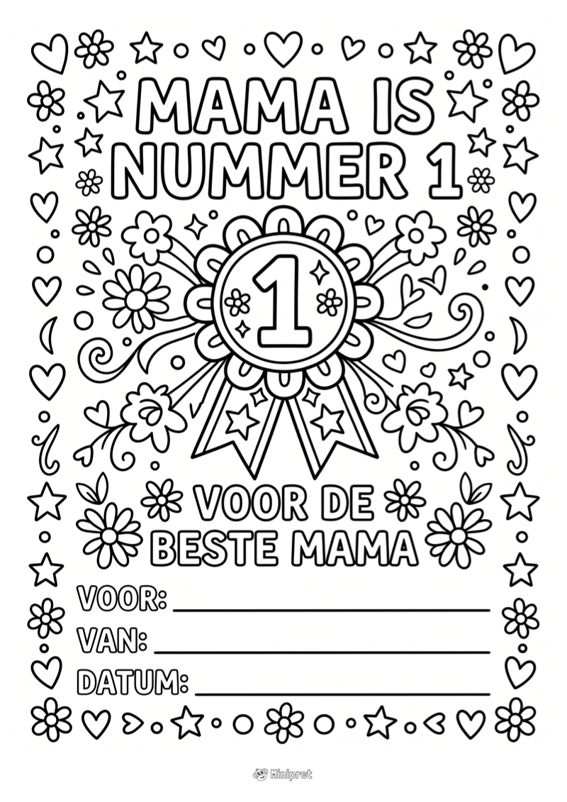 Mama is nummer 1 oorkonde — gratis kleurplaat printen
