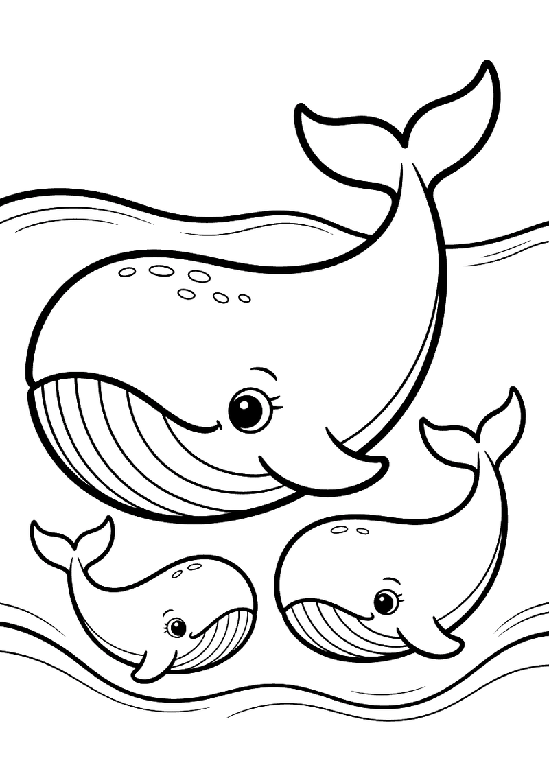 Kleurplaat van een grote mama walvis die zwemt met twee kleine kalfjes naast haar, alle drie met glimlachen en borstvinn