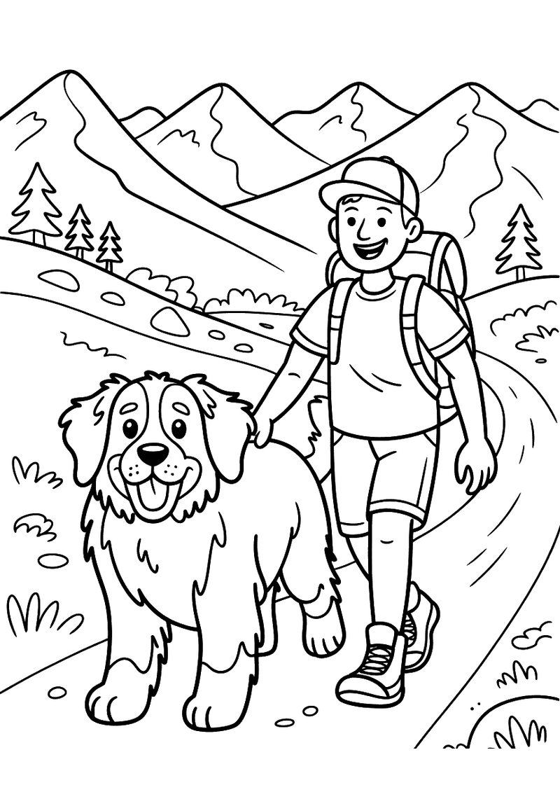 Kleurplaat van een man met rugzak die over een bergpad wandelt naast een grote pluizige hond met bergen en dennenbomen o