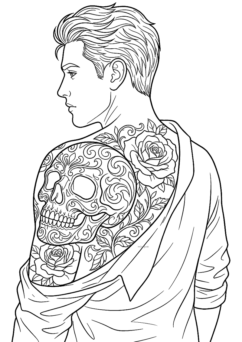 Man in profiel met sugar-skull tattoo en rozen op rug, tattoo-flash lijntekening