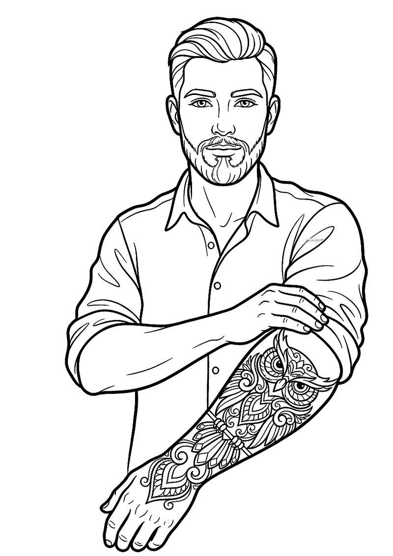 Man met baard in opgerold overhemd met grote uilen-tattoo op onderarm en hand