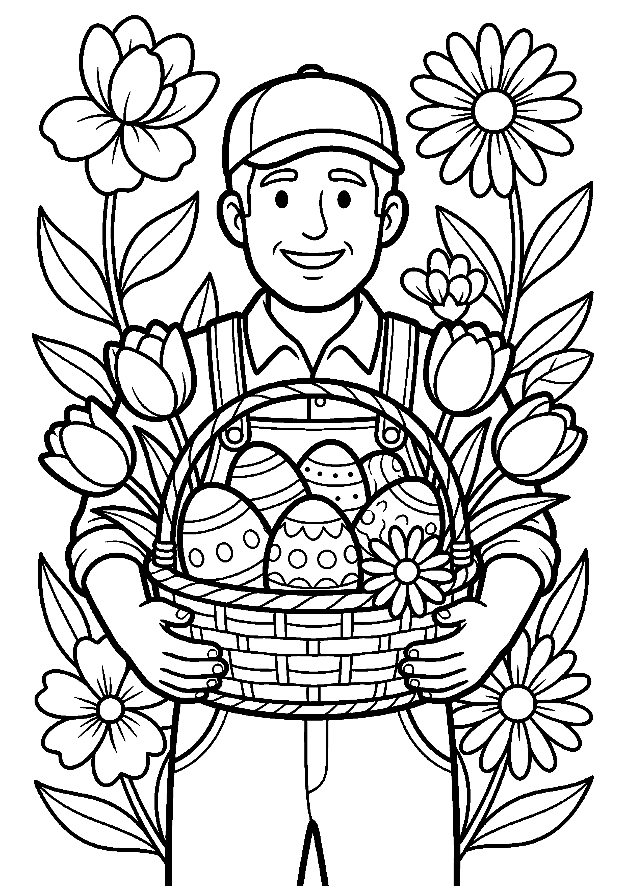 Mand met paaseieren en bloemen kleurplaat — gratis kleurplaat