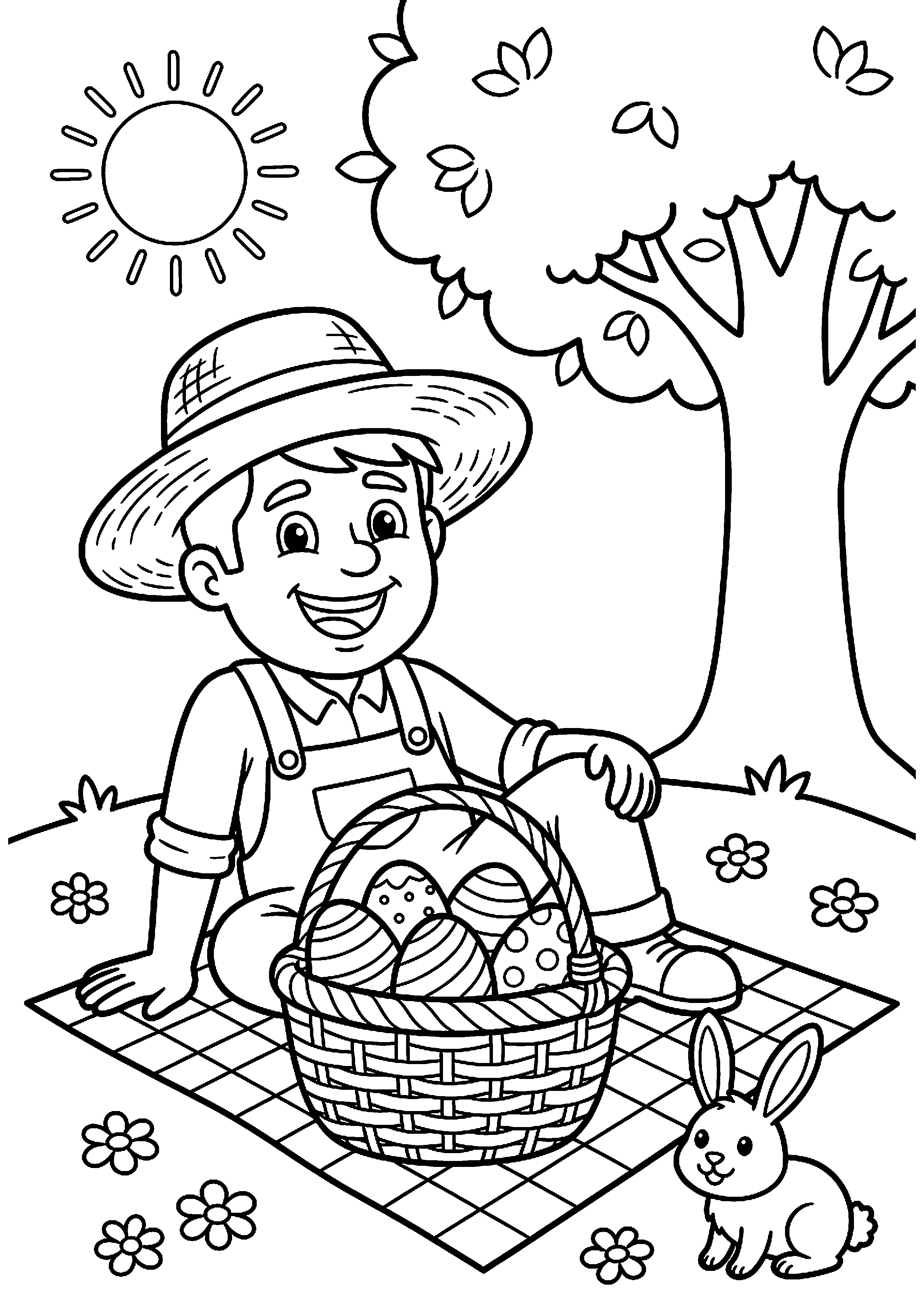 Mand met paaseieren op picknickkleed kleurplaat — gratis kleurplaat