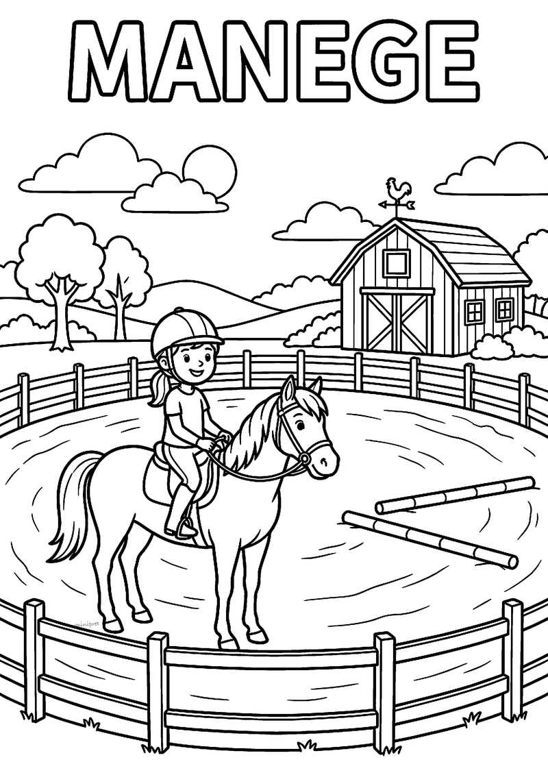 Kleurplaat van een meisje met cap op een paard in een ronde rijbak met hek, met een schuur erachter en de tekst Manege