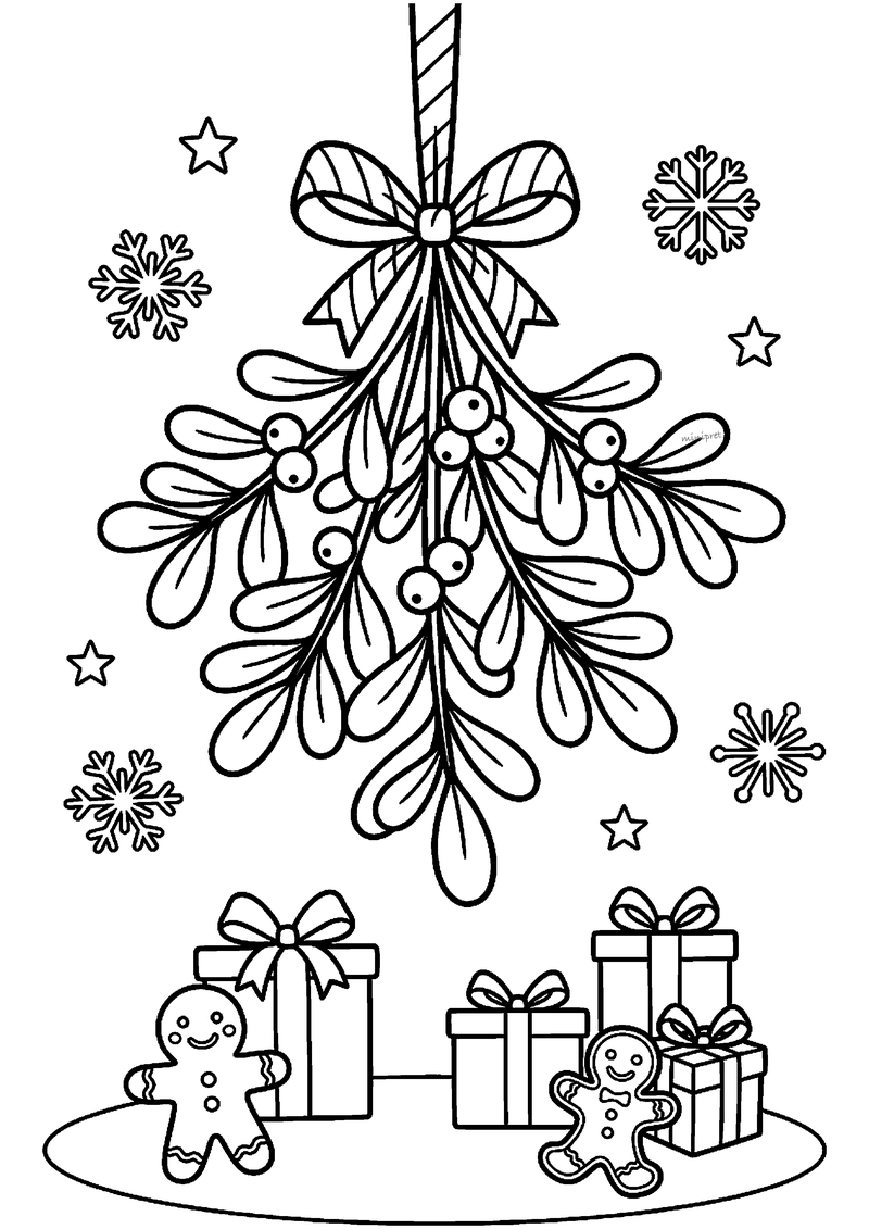 Kleurplaat van een grote maretak (mistletoe) met bessen en een grote gestreepte strik, met cadeaus en twee.