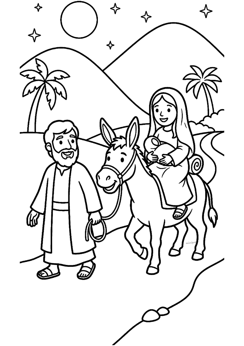 Kleurplaat van Maria op een ezel met baby in haar armen, en Jozef die ernaast loopt door woestijn met palmbomen.