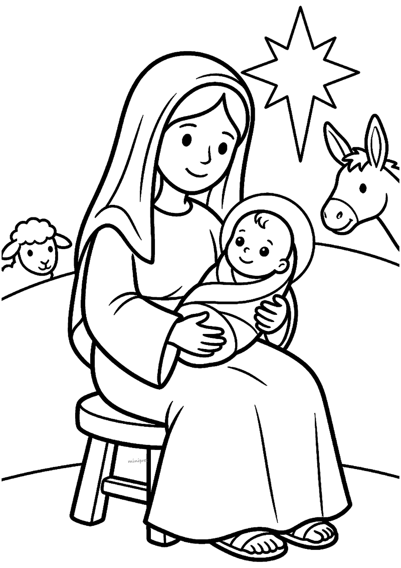 Kleurplaat van Maria die met sluier en lang gewaad op kruk zit en baby Jezus knuffelt, met schaap, ezel en grote ster.