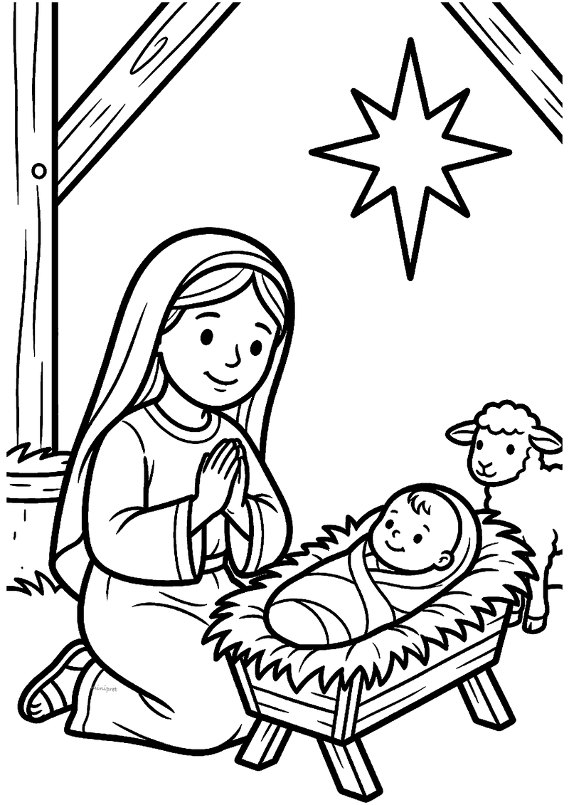Kleurplaat van Maria die knielt met handen samen in gebed bij baby Jezus in een kribbe, met een schaap en grote ster.
