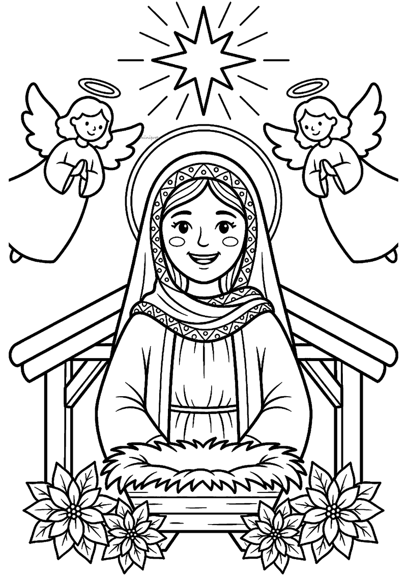 Kleurplaat van portret Maria met gedecoreerde sluier en stralenkrans, met twee biddende engelen en een grote ster.