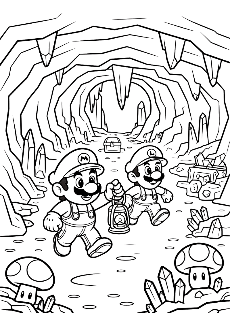 Mario en Luigi verkennen een grot kleurplaat — gratis kleurplaat