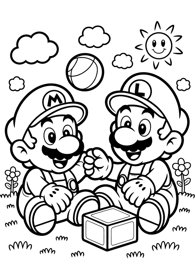 Baby Mario en baby Luigi spelen buiten kleurplaat — gratis kleurplaat