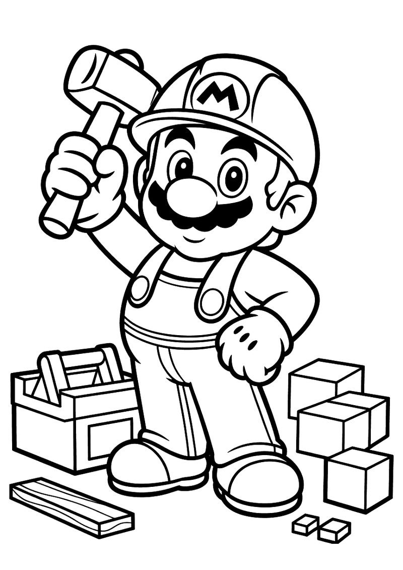 Mario de bouwer met hamer kleurplaat — gratis kleurplaat printen