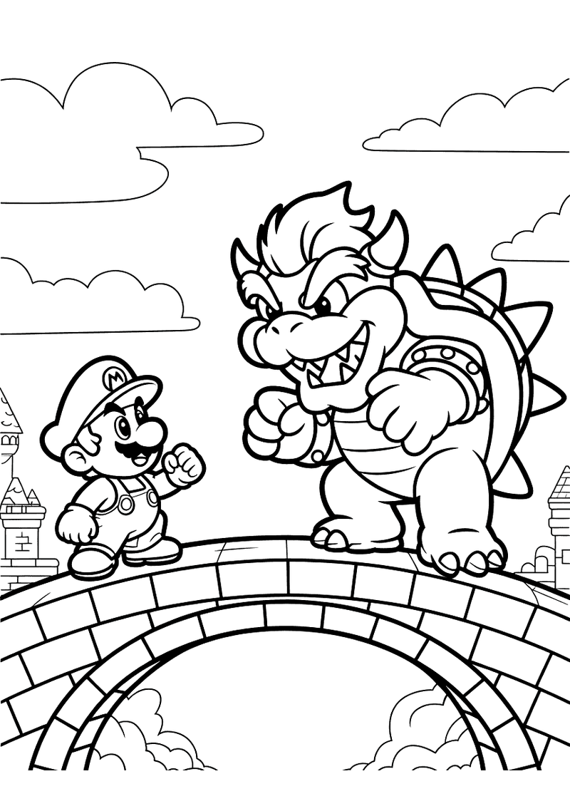 Mario confronteert Bowser op de brug kleurplaat — gratis kleurplaat printen
