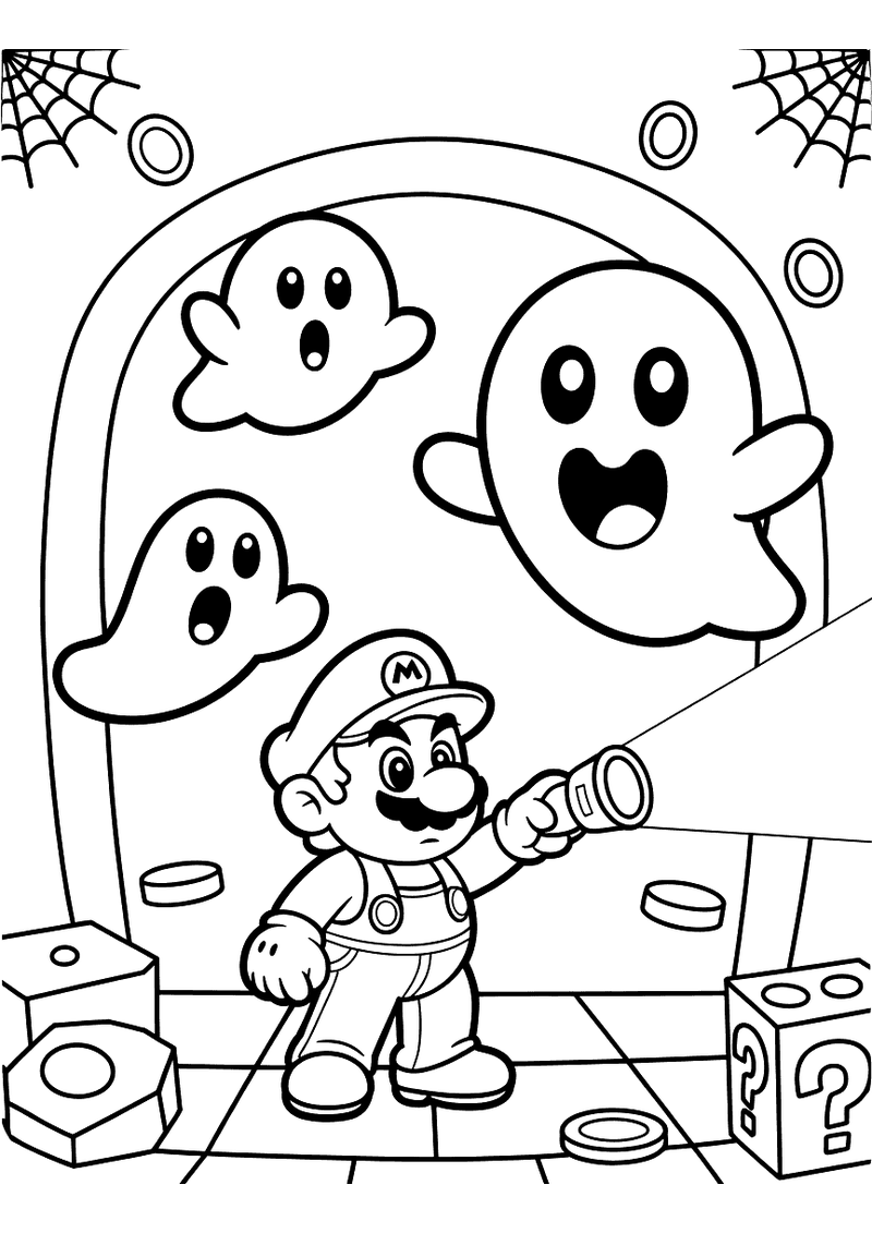 Kleurplaat van Mario met een zaklamp in een spookhuis omringd door drie Boo-geesten, met spinnenwebben en vraagtekenboks