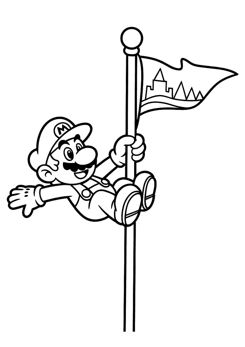 Kleurplaat van Mario die lachend langs een hoge vlaggenmast met een kasteel-vlag glijdt, zijn been om de paal geslagen